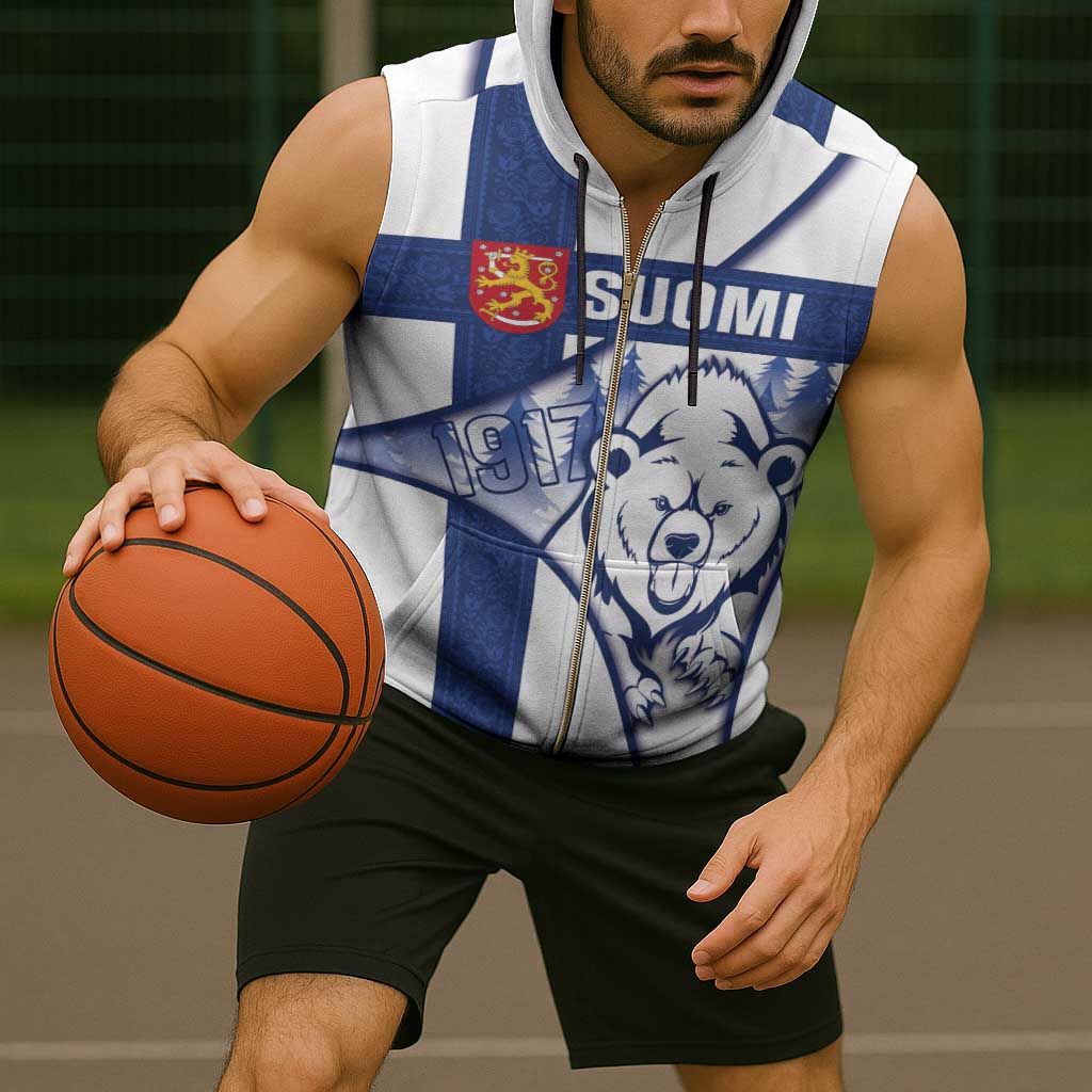 Personalised Finland Independence Day Sleeveless Zip Hoodie Suomi 1917 Proud Flag Finnish Folk Pattern - Wonder Print Shop