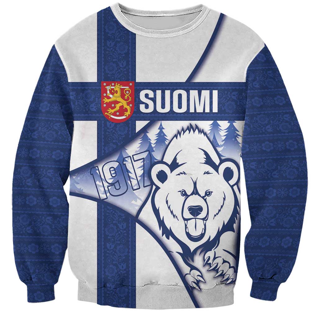 Personalised Finland Independence Day Sweatshirt Suomi 1917 Proud Flag Finnish Folk Pattern - Wonder Print Shop