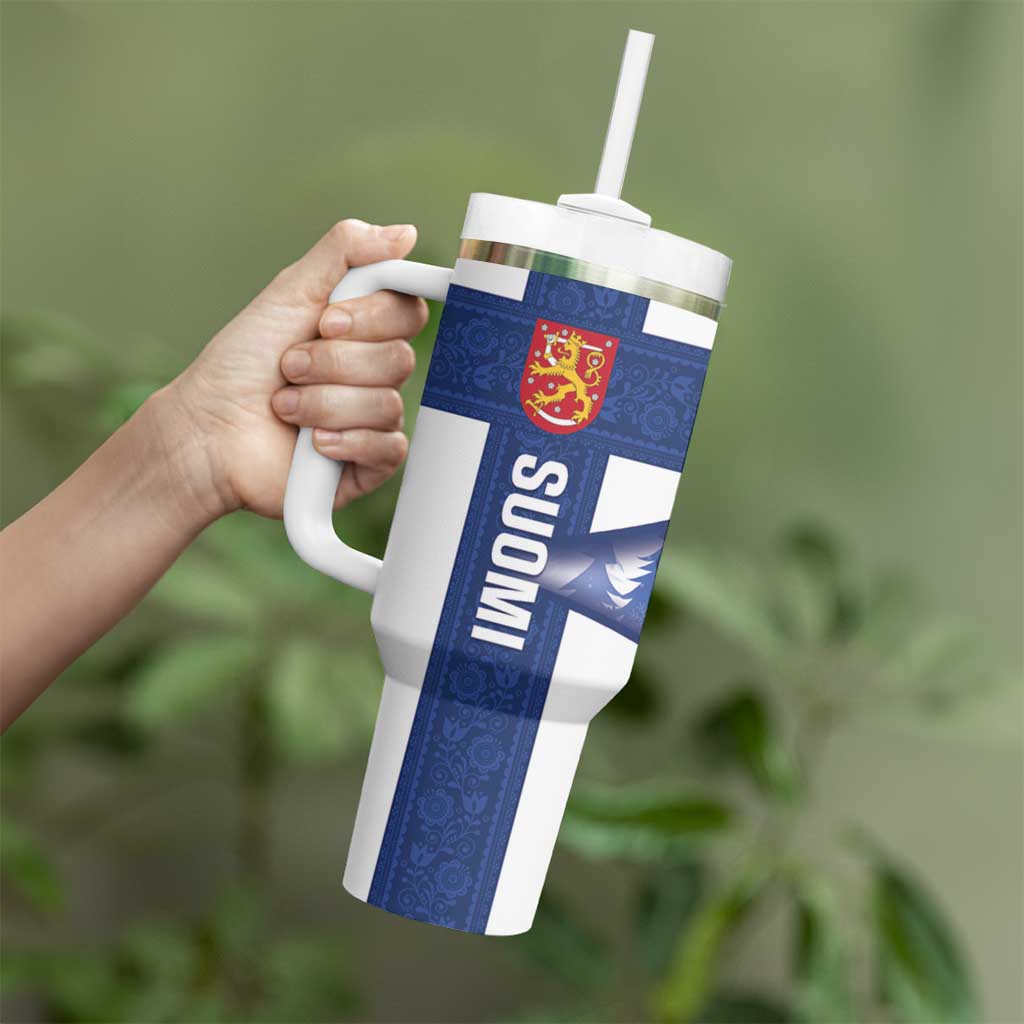 Personalised Finland Independence Day Tumbler With Handle Suomi 1917 Proud Flag Finnish Folk Pattern - Wonder Print Shop