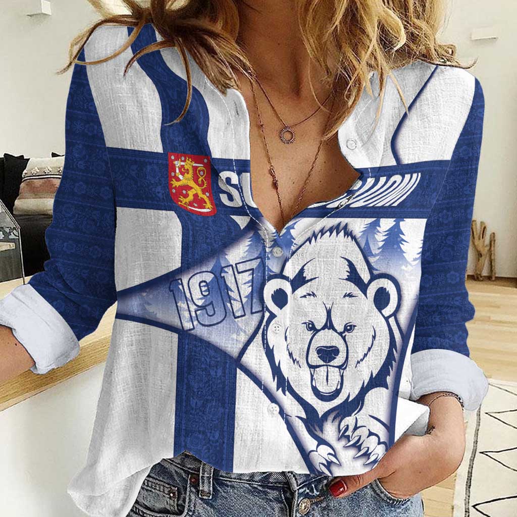 Personalised Finland Independence Day Women Casual Shirt Suomi 1917 Proud Flag Finnish Folk Pattern - Wonder Print Shop