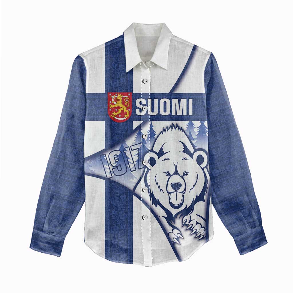 Personalised Finland Independence Day Women Casual Shirt Suomi 1917 Proud Flag Finnish Folk Pattern - Wonder Print Shop
