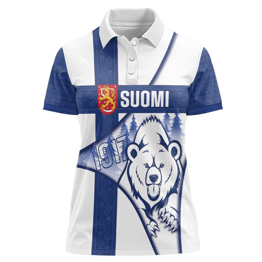 Personalised Finland Independence Day Women Polo Shirt Suomi 1917 Proud Flag Finnish Folk Pattern - Wonder Print Shop