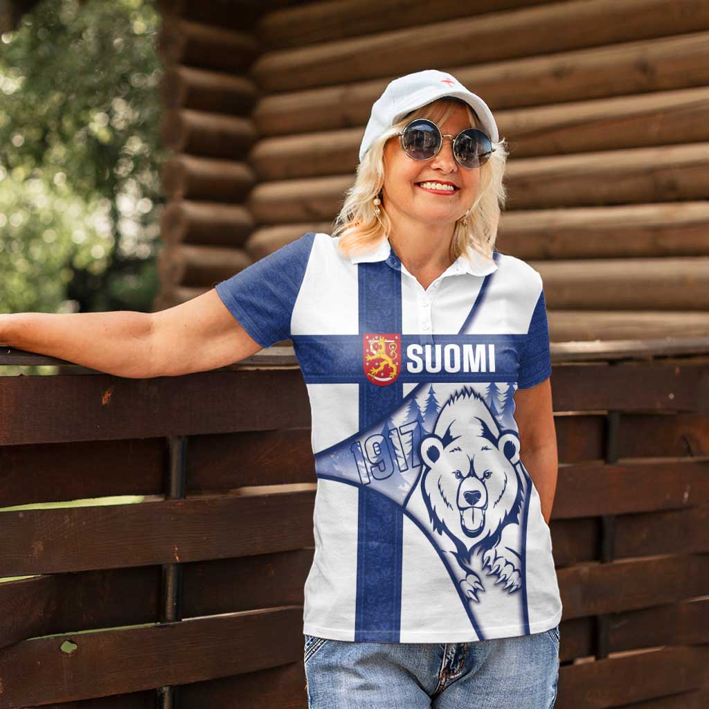 Personalised Finland Independence Day Women Polo Shirt Suomi 1917 Proud Flag Finnish Folk Pattern - Wonder Print Shop