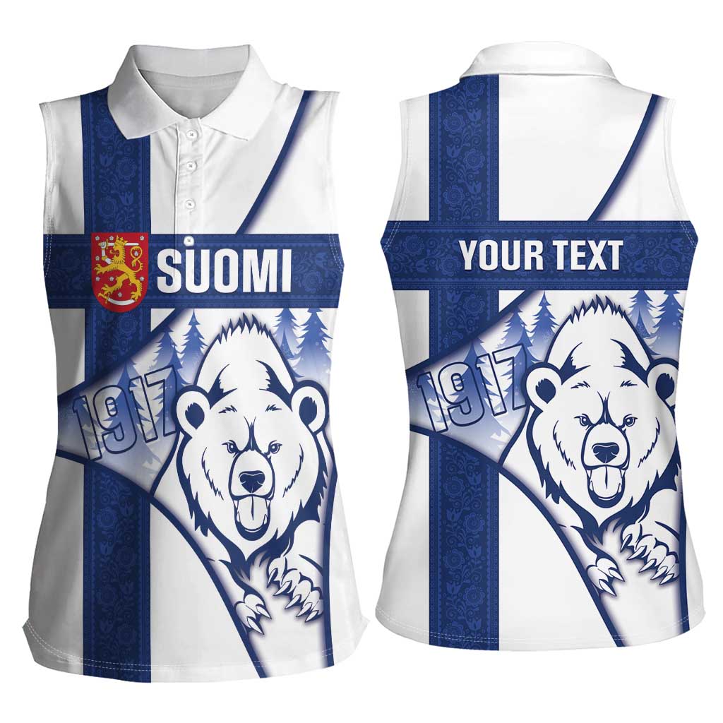 Personalised Finland Independence Day Women Sleeveless Polo Shirt Suomi 1917 Proud Flag Finnish Folk Pattern - Wonder Print Shop