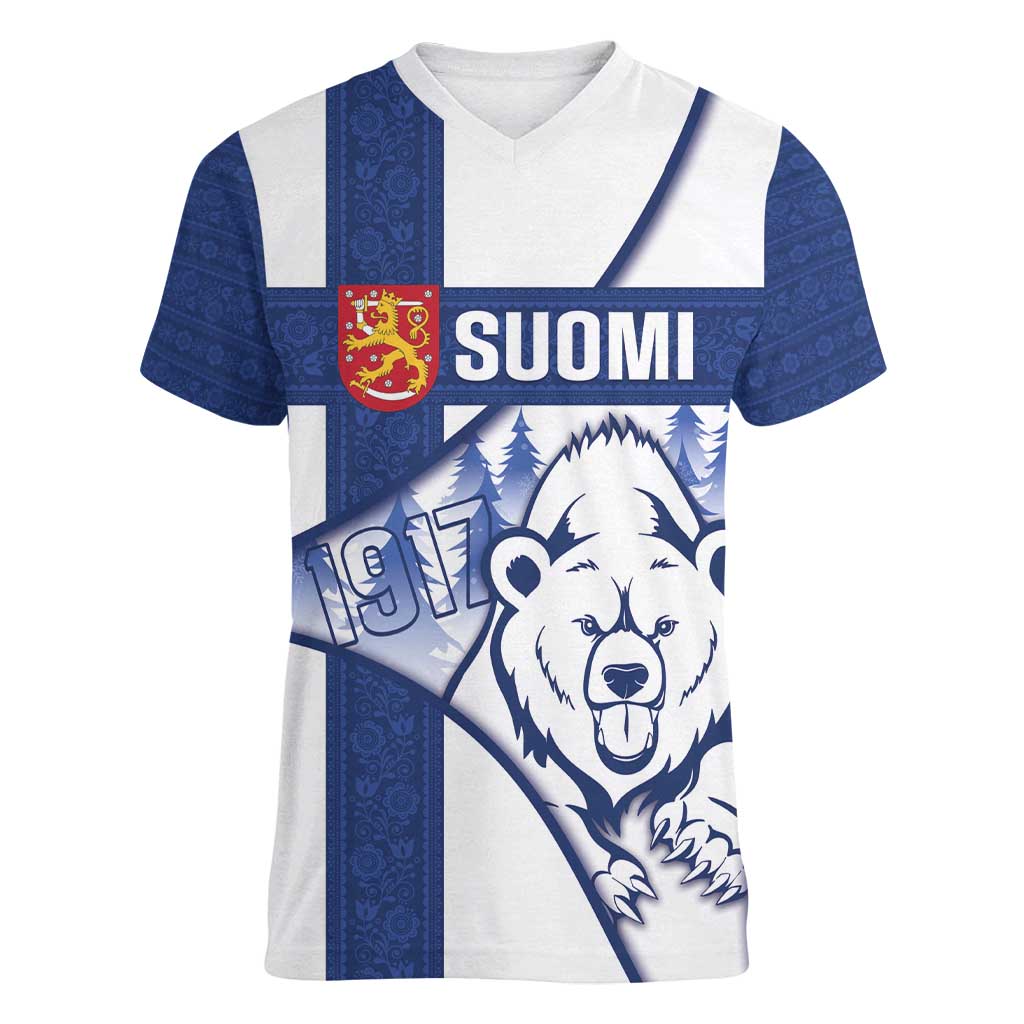 Personalised Finland Independence Day Women V-Neck T-Shirt Suomi 1917 Proud Flag Finnish Folk Pattern - Wonder Print Shop