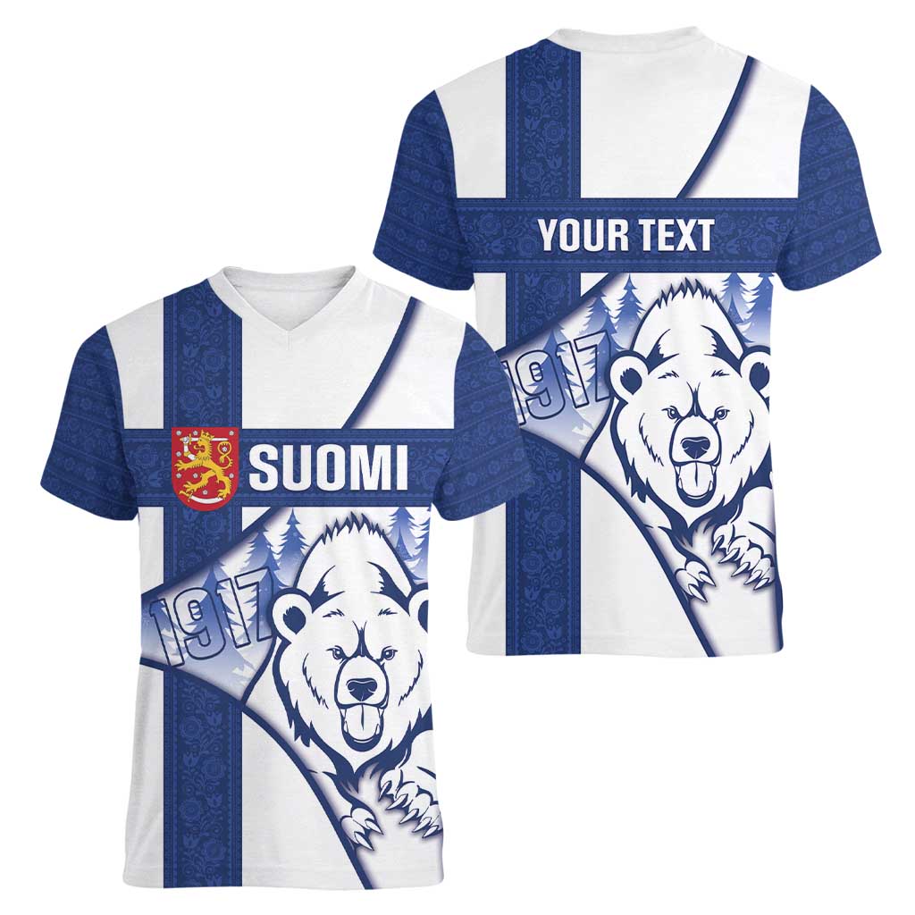 Personalised Finland Independence Day Women V-Neck T-Shirt Suomi 1917 Proud Flag Finnish Folk Pattern - Wonder Print Shop
