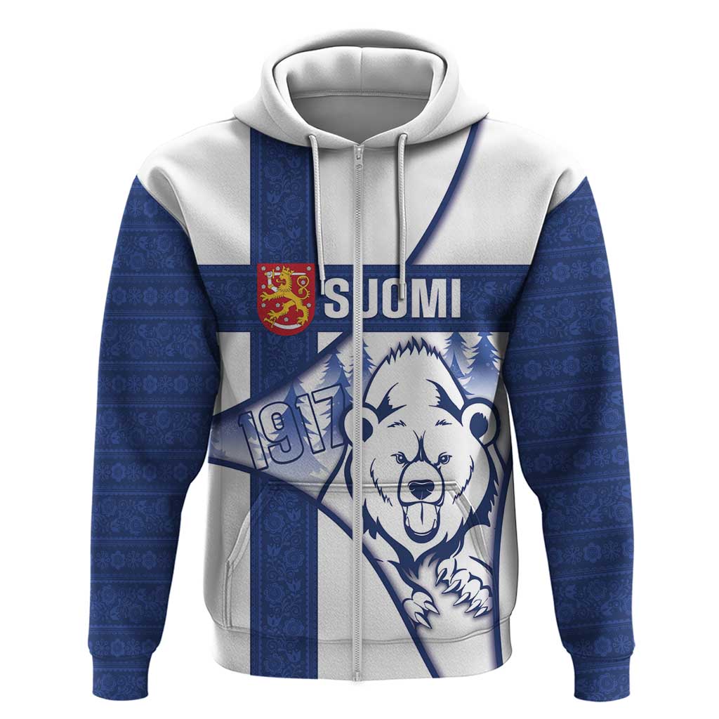 Personalised Finland Independence Day Zip Hoodie Suomi 1917 Proud Flag Finnish Folk Pattern - Wonder Print Shop