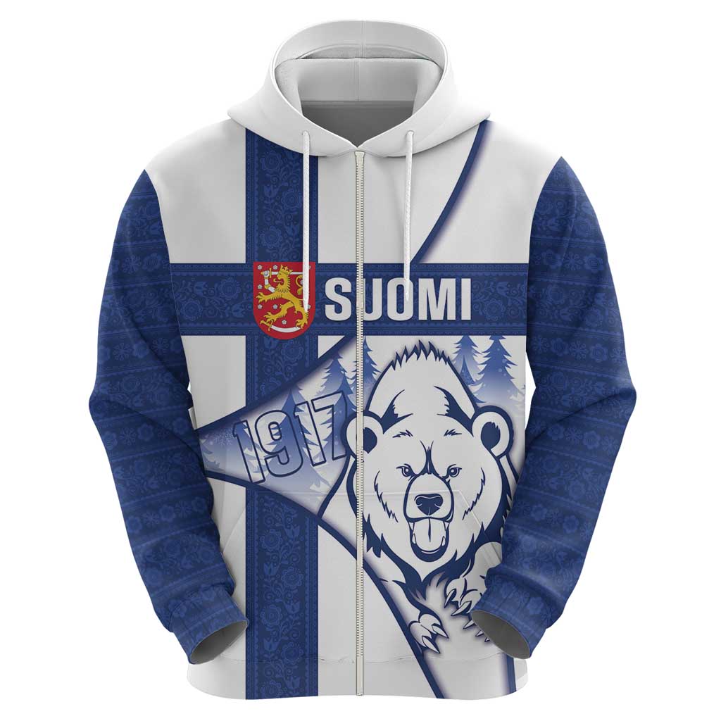 Personalised Finland Independence Day Zip Hoodie Suomi 1917 Proud Flag Finnish Folk Pattern - Wonder Print Shop
