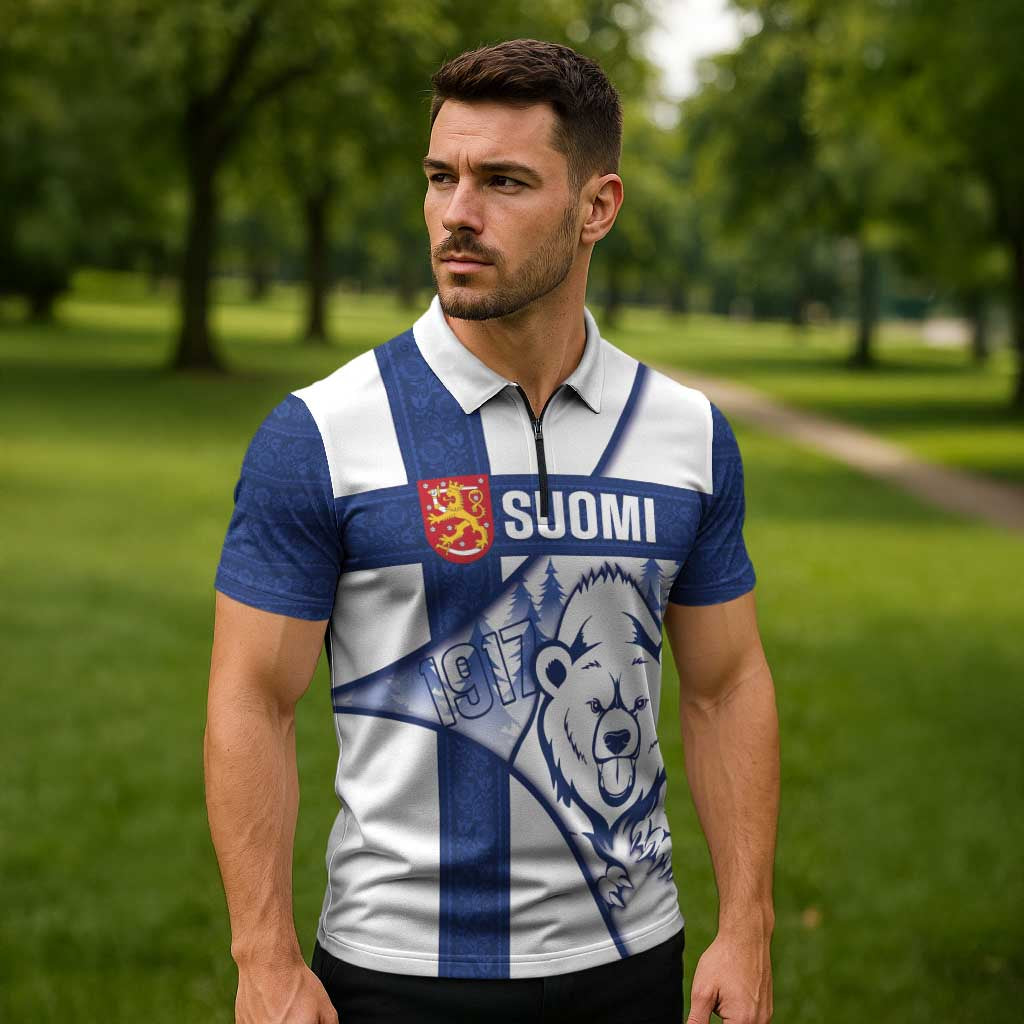 Personalised Finland Independence Day Zipper Polo Shirt Suomi 1917 Proud Flag Finnish Folk Pattern - Wonder Print Shop