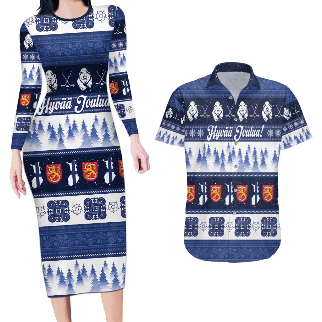 Finland Christmas Couples Matching Long Sleeve Bodycon Dress and Hawaiian Shirt Suomen Tasavalta Hyvaa Joulua - Wonder Print Shop