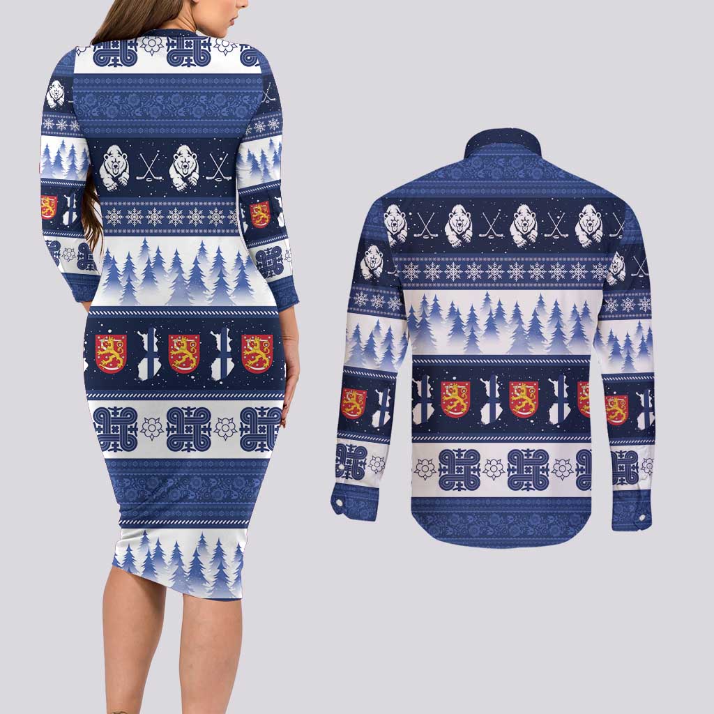 Finland Christmas Couples Matching Long Sleeve Bodycon Dress and Long Sleeve Button Shirt Suomen Tasavalta Hyvaa Joulua - Wonder Print Shop