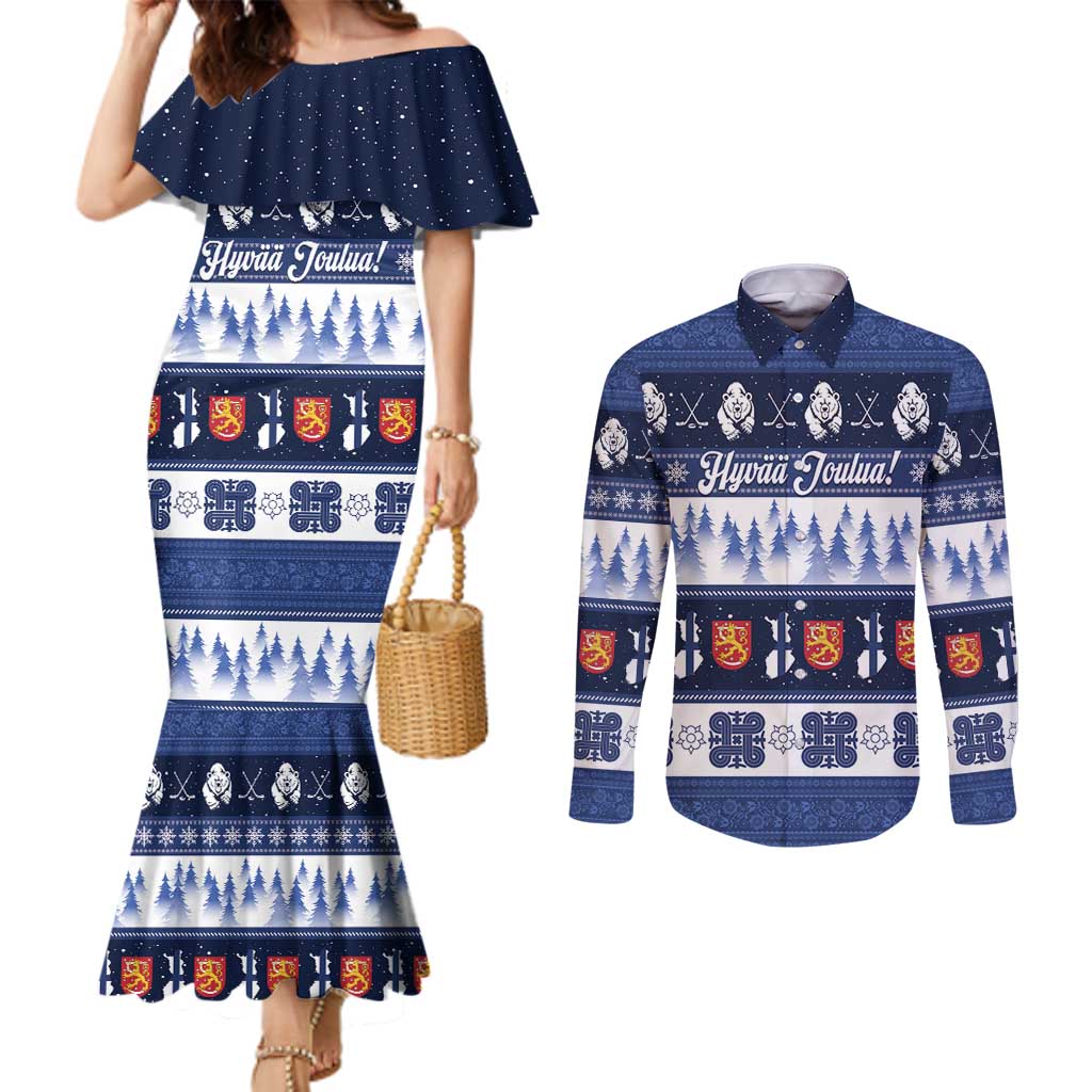 Finland Christmas Couples Matching Mermaid Dress and Long Sleeve Button Shirt Suomen Tasavalta Hyvaa Joulua - Wonder Print Shop