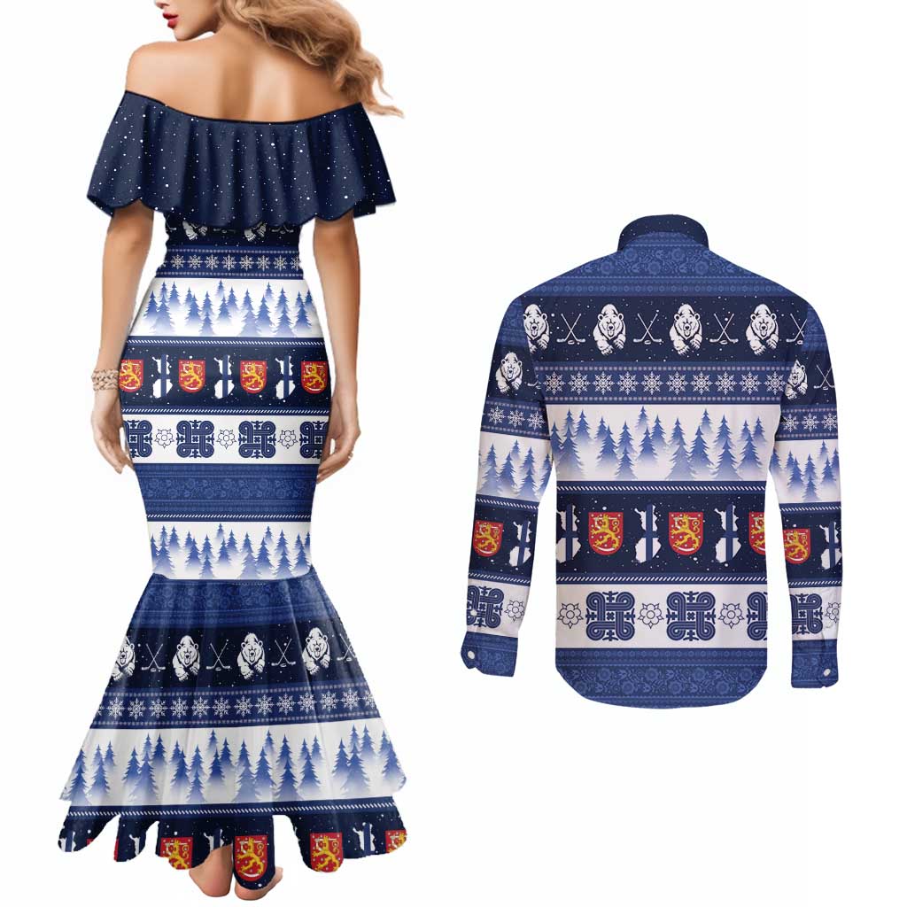 Finland Christmas Couples Matching Mermaid Dress and Long Sleeve Button Shirt Suomen Tasavalta Hyvaa Joulua - Wonder Print Shop