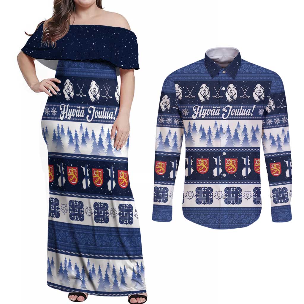 Finland Christmas Couples Matching Off Shoulder Maxi Dress and Long Sleeve Button Shirt Suomen Tasavalta Hyvaa Joulua - Wonder Print Shop