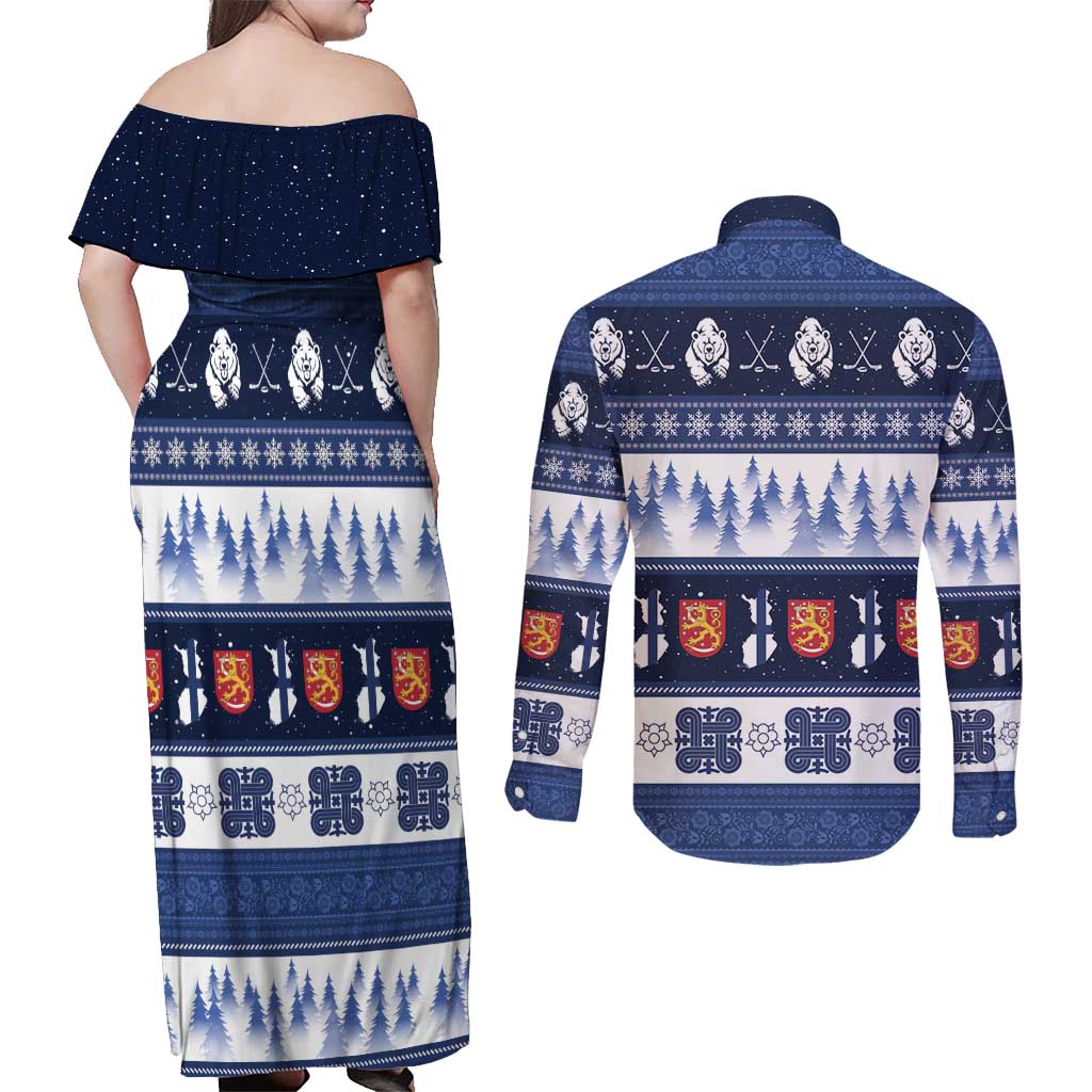Finland Christmas Couples Matching Off Shoulder Maxi Dress and Long Sleeve Button Shirt Suomen Tasavalta Hyvaa Joulua - Wonder Print Shop