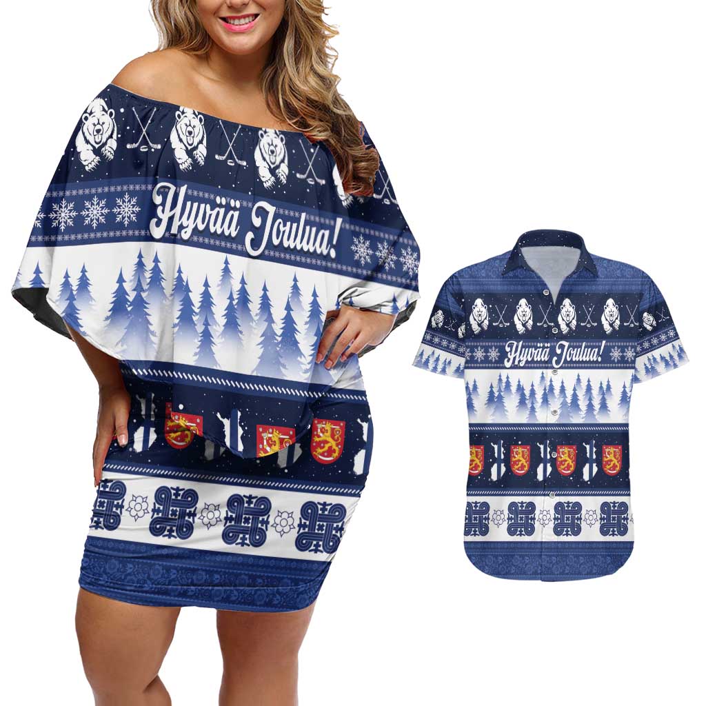 Finland Christmas Couples Matching Off Shoulder Short Dress and Hawaiian Shirt Suomen Tasavalta Hyvaa Joulua - Wonder Print Shop