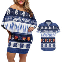 Finland Christmas Couples Matching Off Shoulder Short Dress and Hawaiian Shirt Suomen Tasavalta Hyvaa Joulua - Wonder Print Shop
