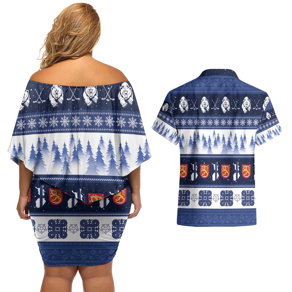 Finland Christmas Couples Matching Off Shoulder Short Dress and Hawaiian Shirt Suomen Tasavalta Hyvaa Joulua - Wonder Print Shop