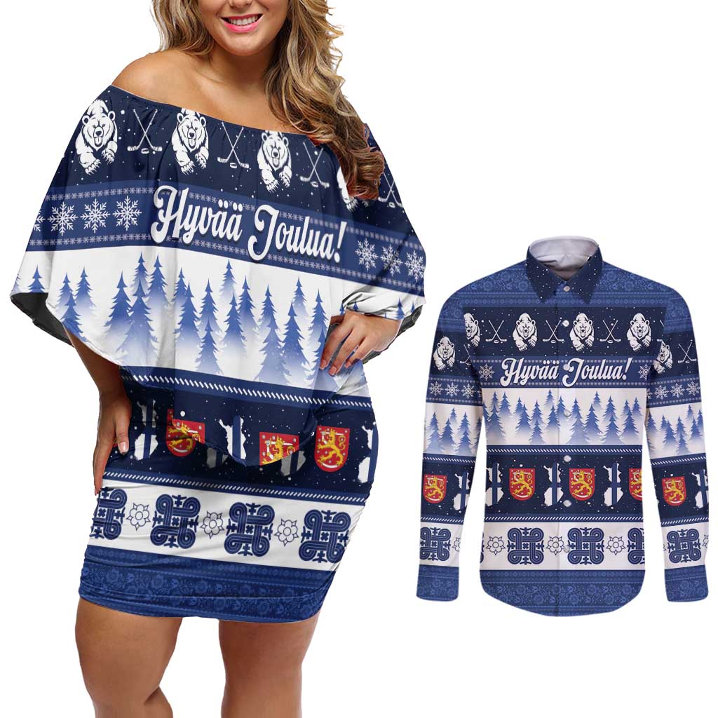 Finland Christmas Couples Matching Off Shoulder Short Dress and Long Sleeve Button Shirt Suomen Tasavalta Hyvaa Joulua - Wonder Print Shop