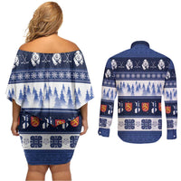 Finland Christmas Couples Matching Off Shoulder Short Dress and Long Sleeve Button Shirt Suomen Tasavalta Hyvaa Joulua - Wonder Print Shop