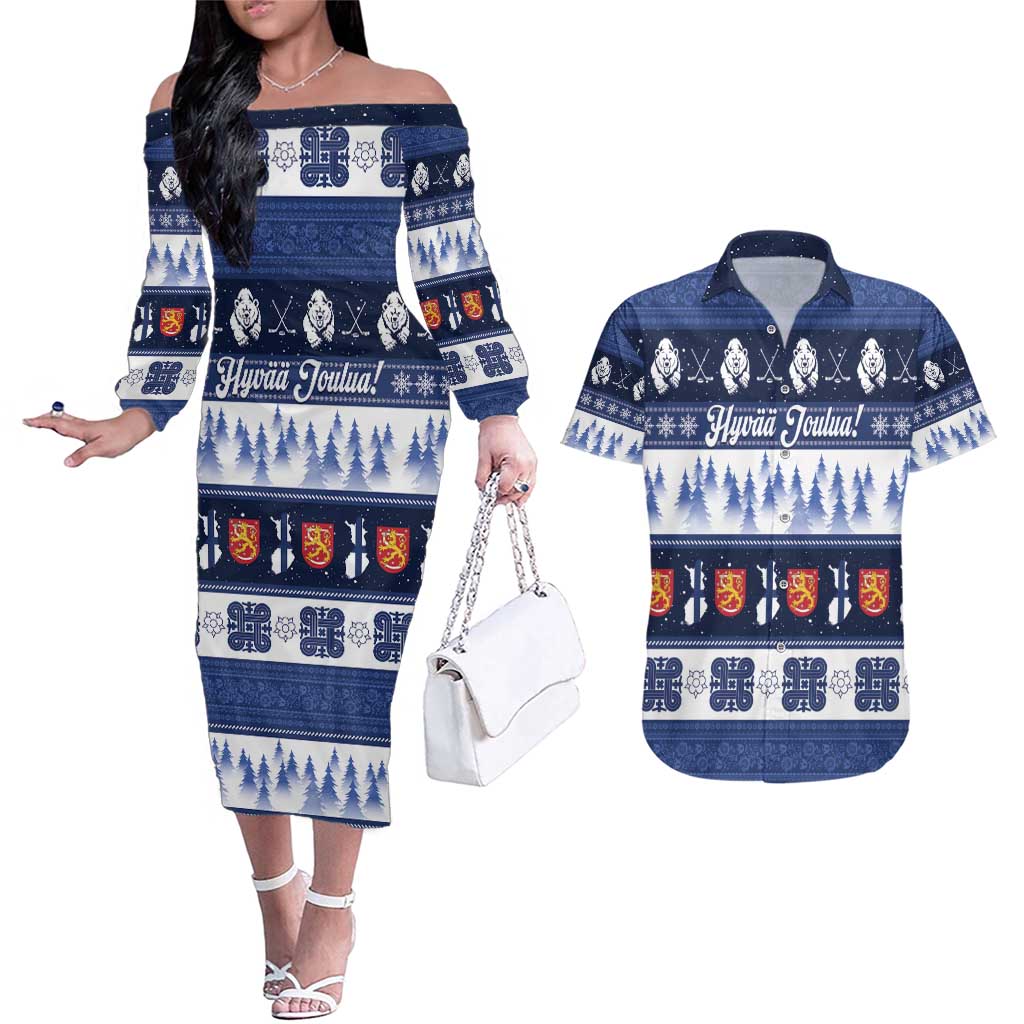 Finland Christmas Couples Matching Off The Shoulder Long Sleeve Dress and Hawaiian Shirt Suomen Tasavalta Hyvaa Joulua - Wonder Print Shop