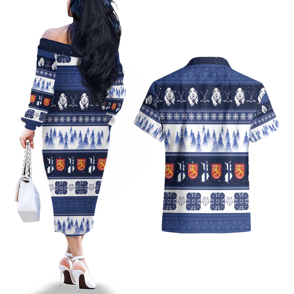 Finland Christmas Couples Matching Off The Shoulder Long Sleeve Dress and Hawaiian Shirt Suomen Tasavalta Hyvaa Joulua - Wonder Print Shop