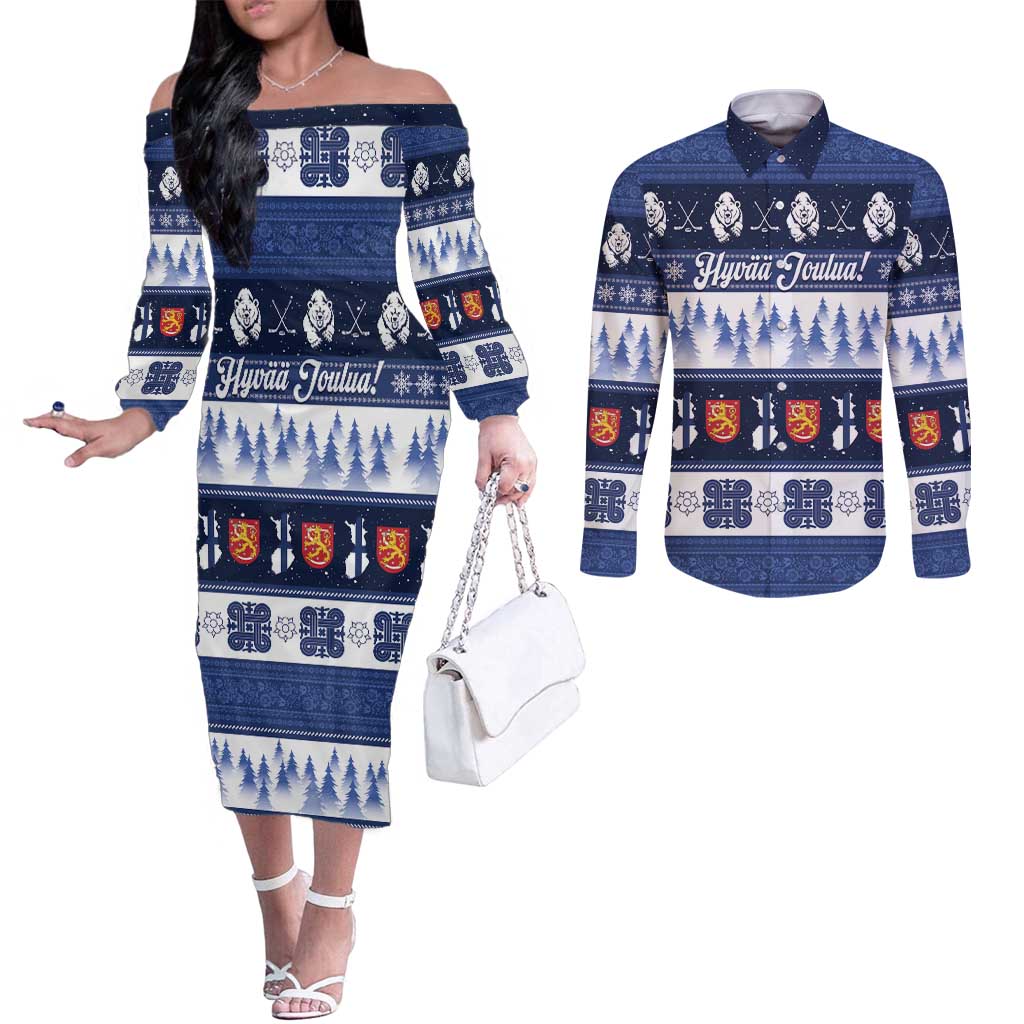 Finland Christmas Couples Matching Off The Shoulder Long Sleeve Dress and Long Sleeve Button Shirt Suomen Tasavalta Hyvaa Joulua - Wonder Print Shop
