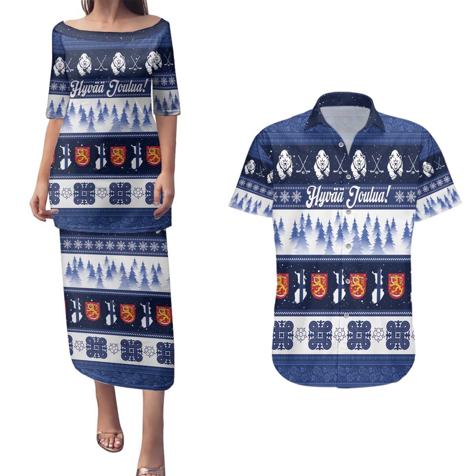 Finland Christmas Couples Matching Puletasi and Hawaiian Shirt Suomen Tasavalta Hyvaa Joulua - Wonder Print Shop