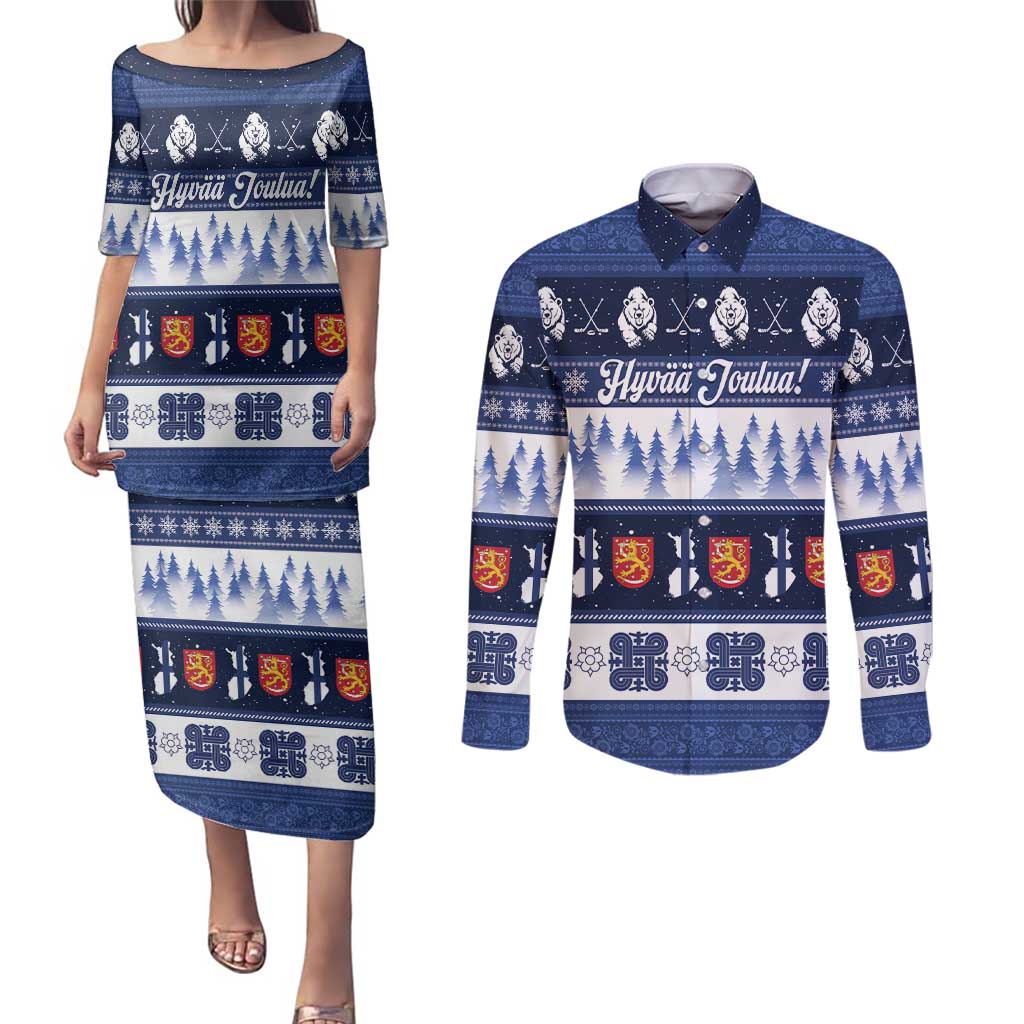 Finland Christmas Couples Matching Puletasi and Long Sleeve Button Shirt Suomen Tasavalta Hyvaa Joulua - Wonder Print Shop