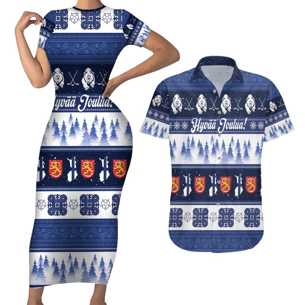 Finland Christmas Couples Matching Short Sleeve Bodycon Dress and Hawaiian Shirt Suomen Tasavalta Hyvaa Joulua - Wonder Print Shop