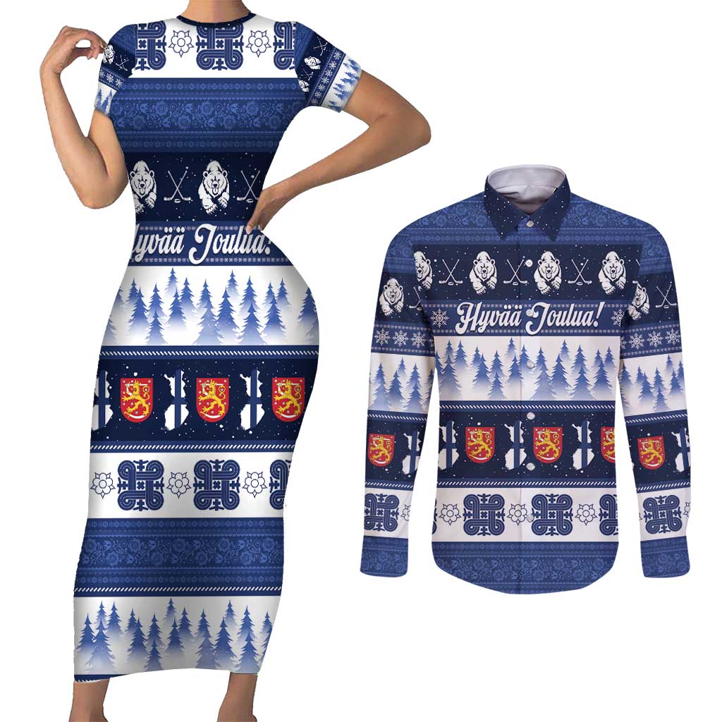 Finland Christmas Couples Matching Short Sleeve Bodycon Dress and Long Sleeve Button Shirt Suomen Tasavalta Hyvaa Joulua - Wonder Print Shop