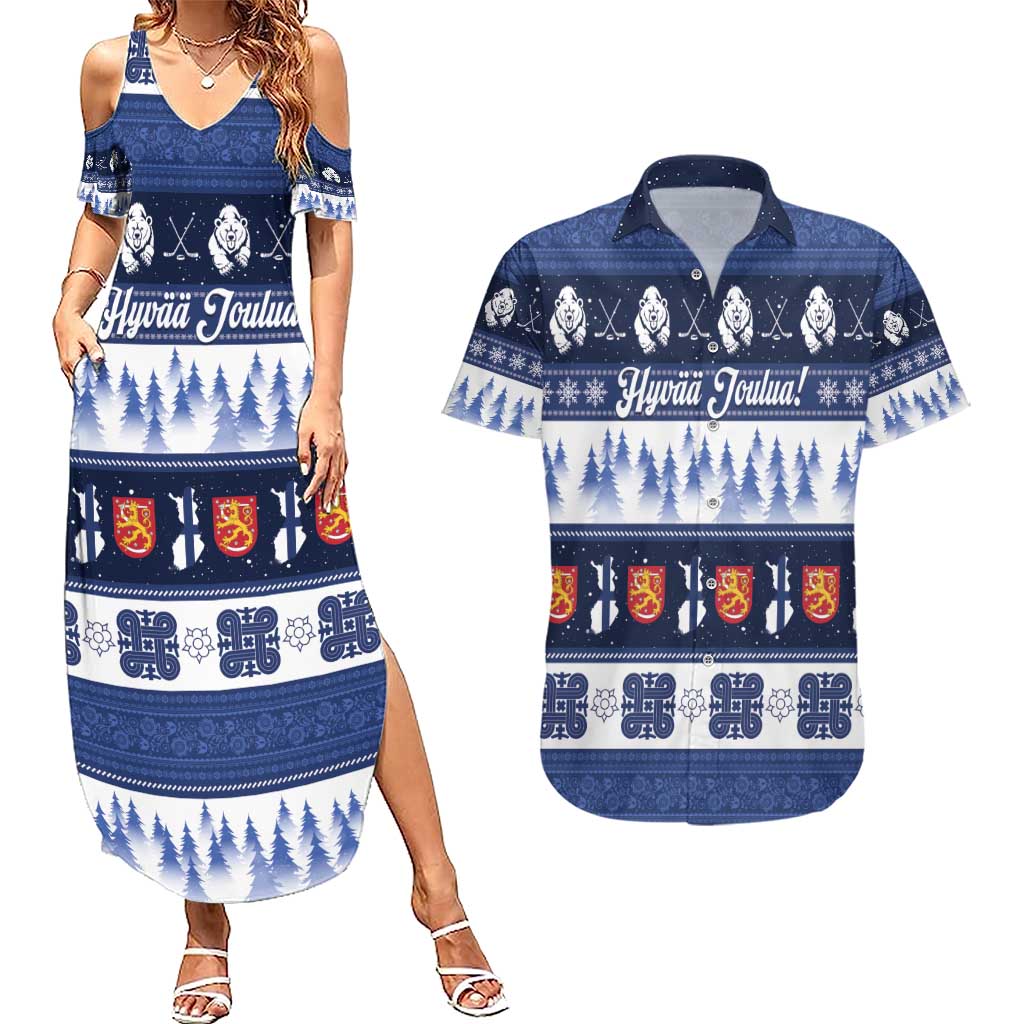 Finland Christmas Couples Matching Summer Maxi Dress and Hawaiian Shirt Suomen Tasavalta Hyvaa Joulua - Wonder Print Shop