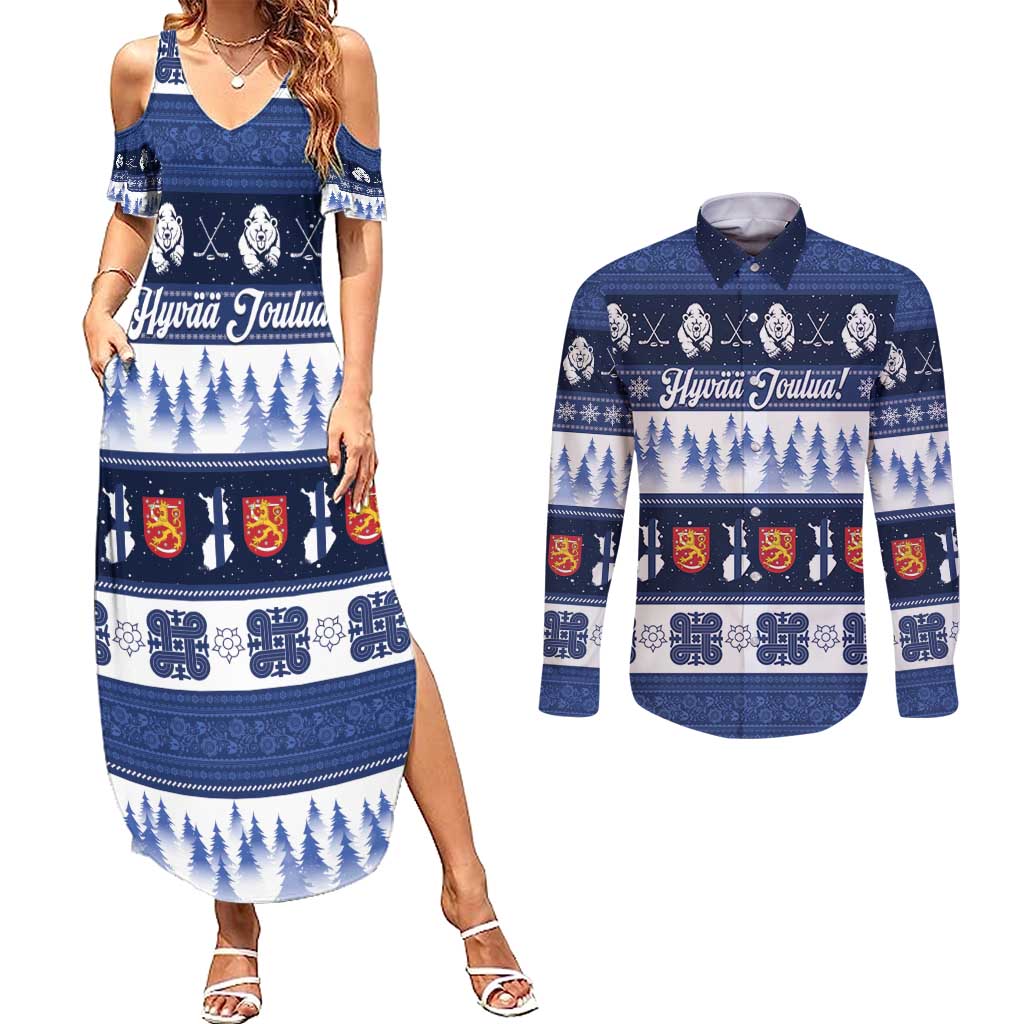 Finland Christmas Couples Matching Summer Maxi Dress and Long Sleeve Button Shirt Suomen Tasavalta Hyvaa Joulua - Wonder Print Shop