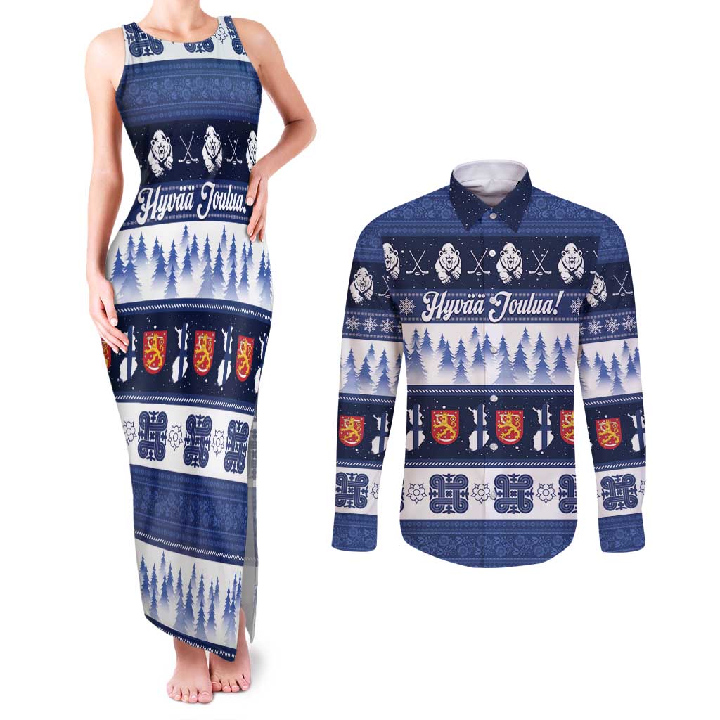Finland Christmas Couples Matching Tank Maxi Dress and Long Sleeve Button Shirt Suomen Tasavalta Hyvaa Joulua - Wonder Print Shop