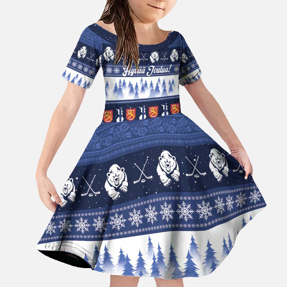 Finland Christmas Family Matching Off The Shoulder Long Sleeve Dress and Hawaiian Shirt Suomen Tasavalta Hyvaa Joulua - Wonder Print Shop