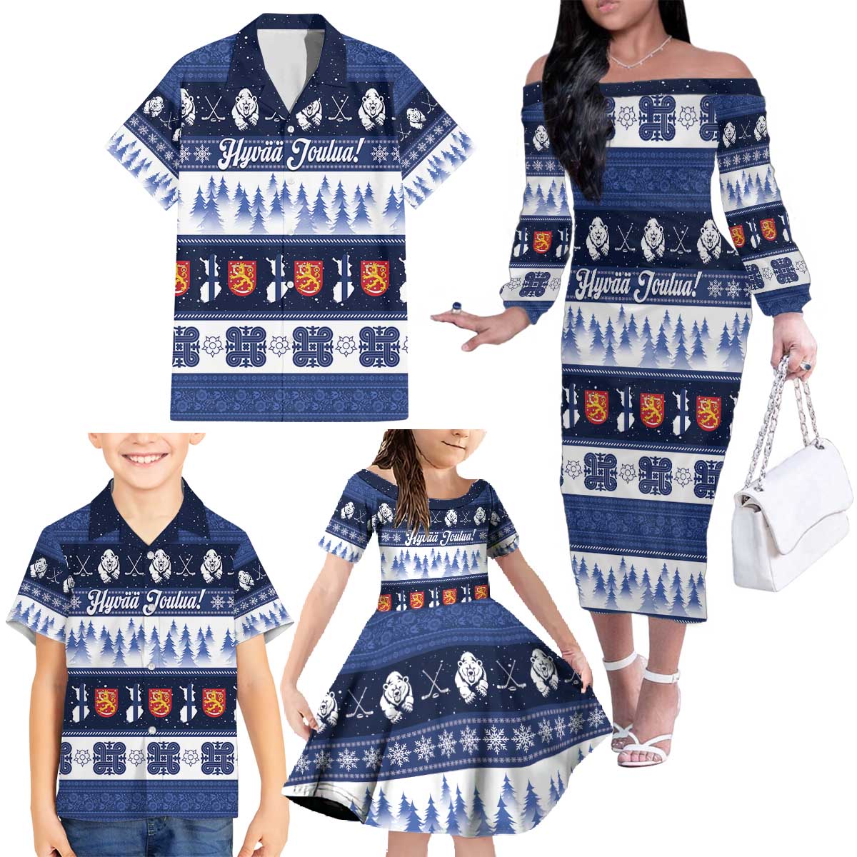 Finland Christmas Family Matching Off The Shoulder Long Sleeve Dress and Hawaiian Shirt Suomen Tasavalta Hyvaa Joulua - Wonder Print Shop