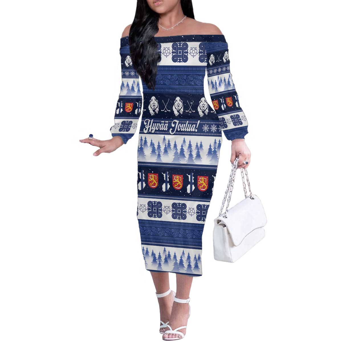 Finland Christmas Family Matching Off The Shoulder Long Sleeve Dress and Hawaiian Shirt Suomen Tasavalta Hyvaa Joulua - Wonder Print Shop