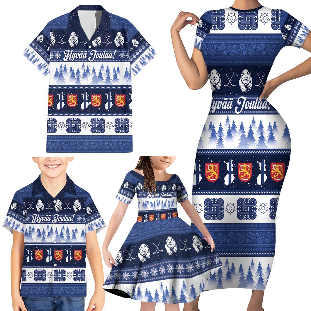 Finland Christmas Family Matching Short Sleeve Bodycon Dress and Hawaiian Shirt Suomen Tasavalta Hyvaa Joulua - Wonder Print Shop