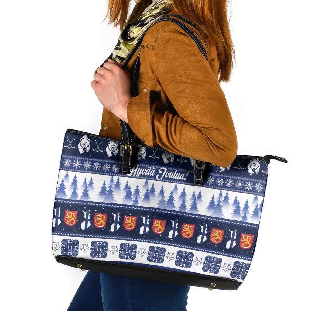 Finland Christmas Leather Tote Bag Suomen Tasavalta Hyvaa Joulua - Wonder Print Shop