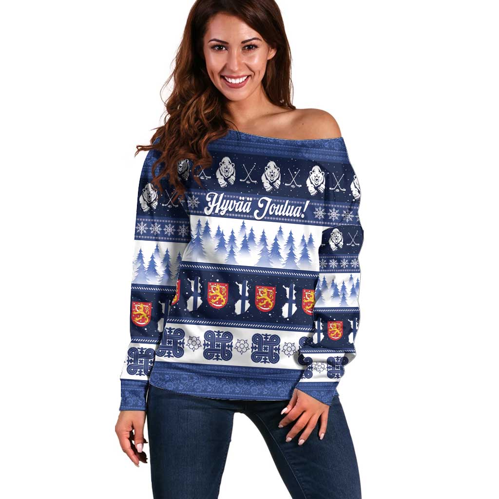 Finland Christmas Off Shoulder Sweater Suomen Tasavalta Hyvaa Joulua - Wonder Print Shop