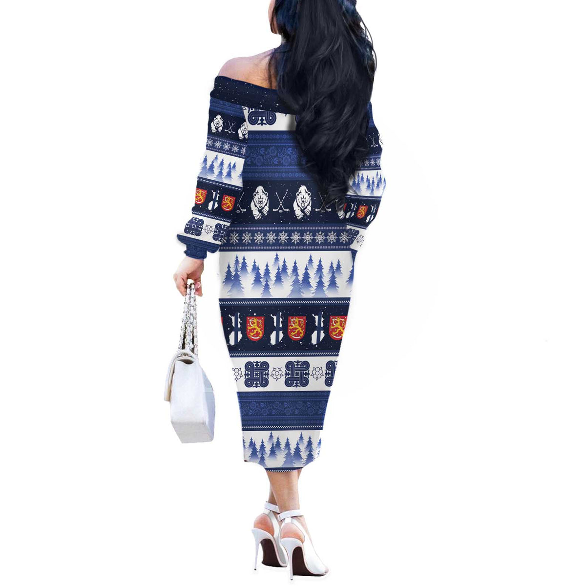 Finland Christmas Off The Shoulder Long Sleeve Dress Suomen Tasavalta Hyvaa Joulua - Wonder Print Shop