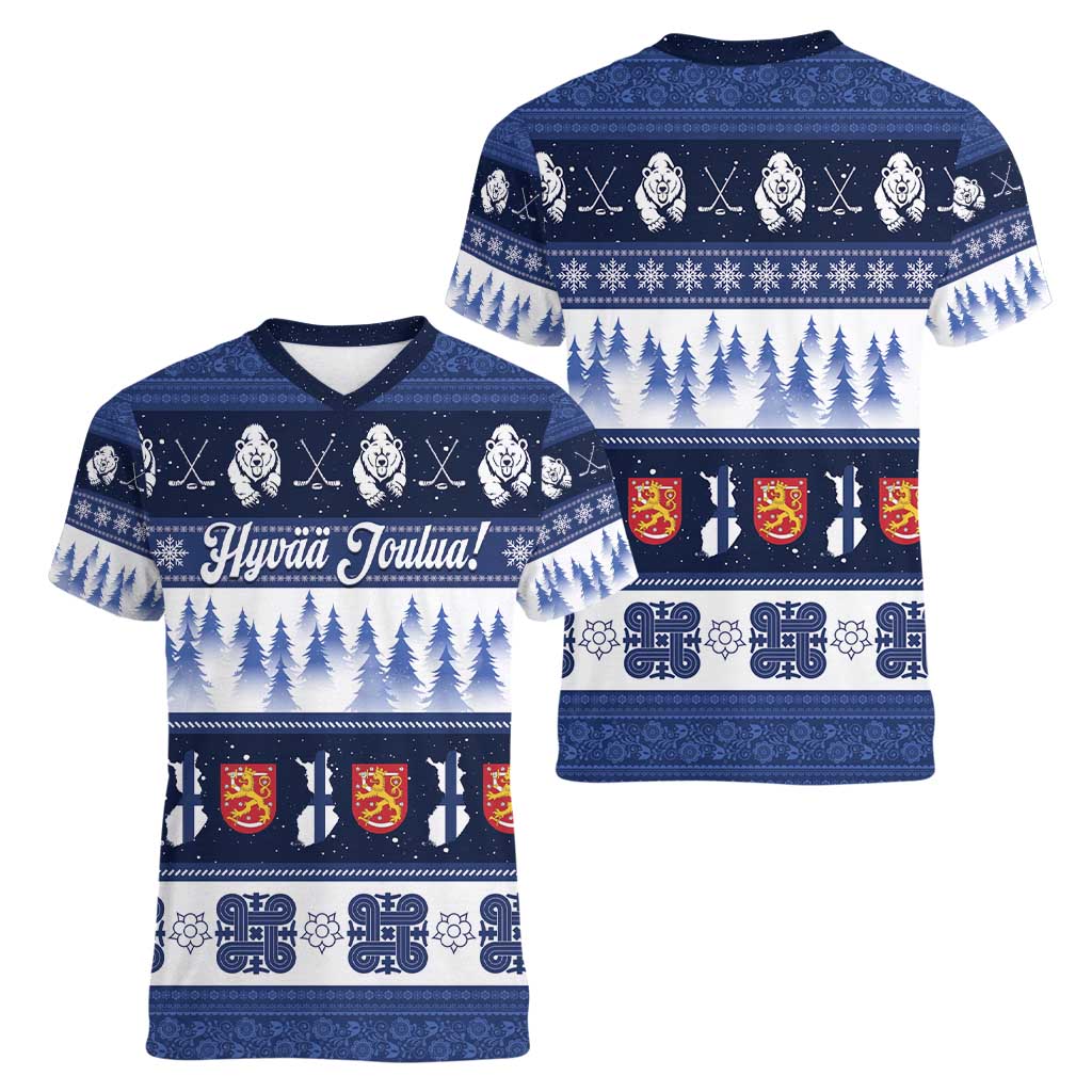 Finland Christmas Women V-Neck T-Shirt Suomen Tasavalta Hyvaa Joulua - Wonder Print Shop