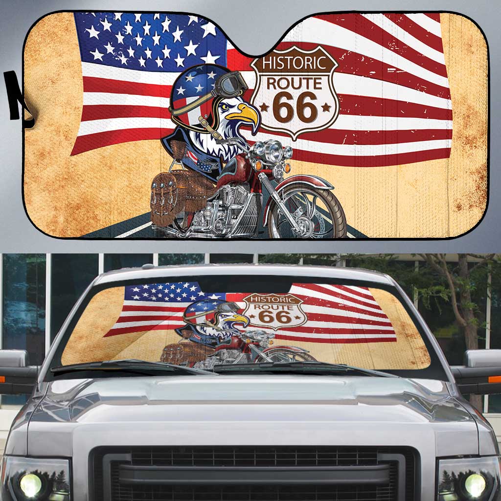 Route 66 United States Auto Sun Shade Historic Highway USA Eagle With Motorcycle - Wonder Print Shop