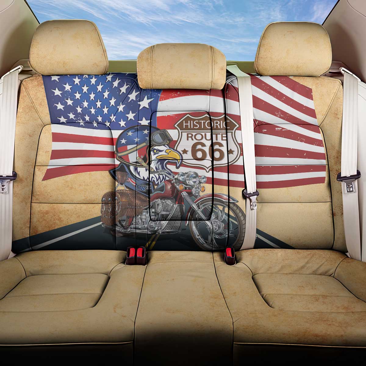 Route 66 United States Back Car Seat Cover Historic Highway USA Eagle With Motorcycle - Wonder Print Shop