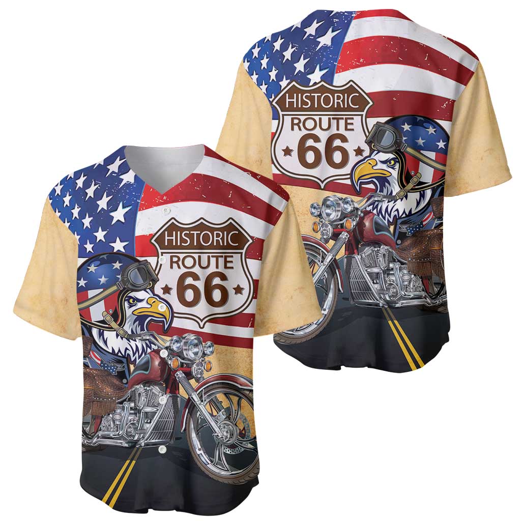 Route 66 United States Baseball Jersey Historic Highway USA Eagle With Motorcycle - Wonder Print Shop