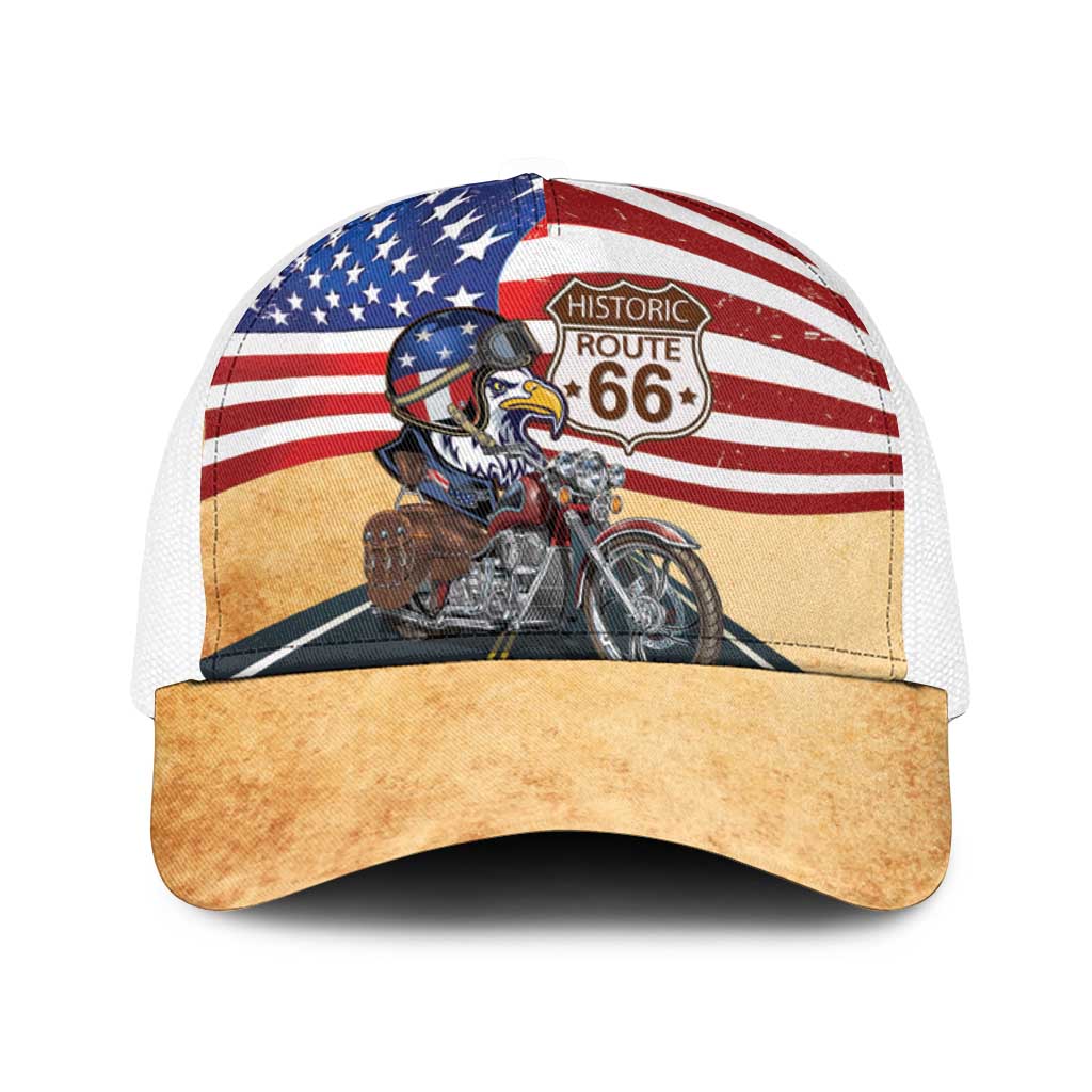 Route 66 United States Baseball Net Cap Historic Highway USA Eagle With Motorcycle - Wonder Print Shop