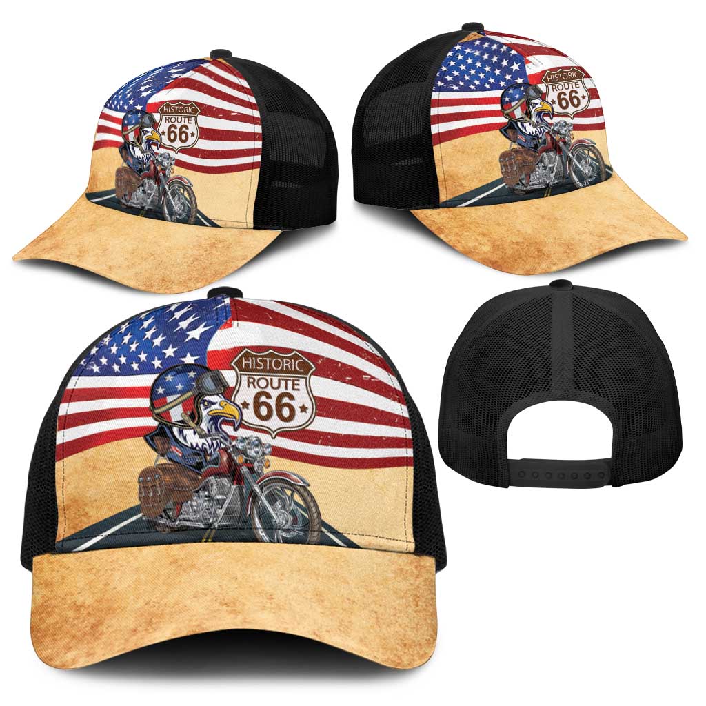 Route 66 United States Baseball Net Cap Historic Highway USA Eagle With Motorcycle - Wonder Print Shop