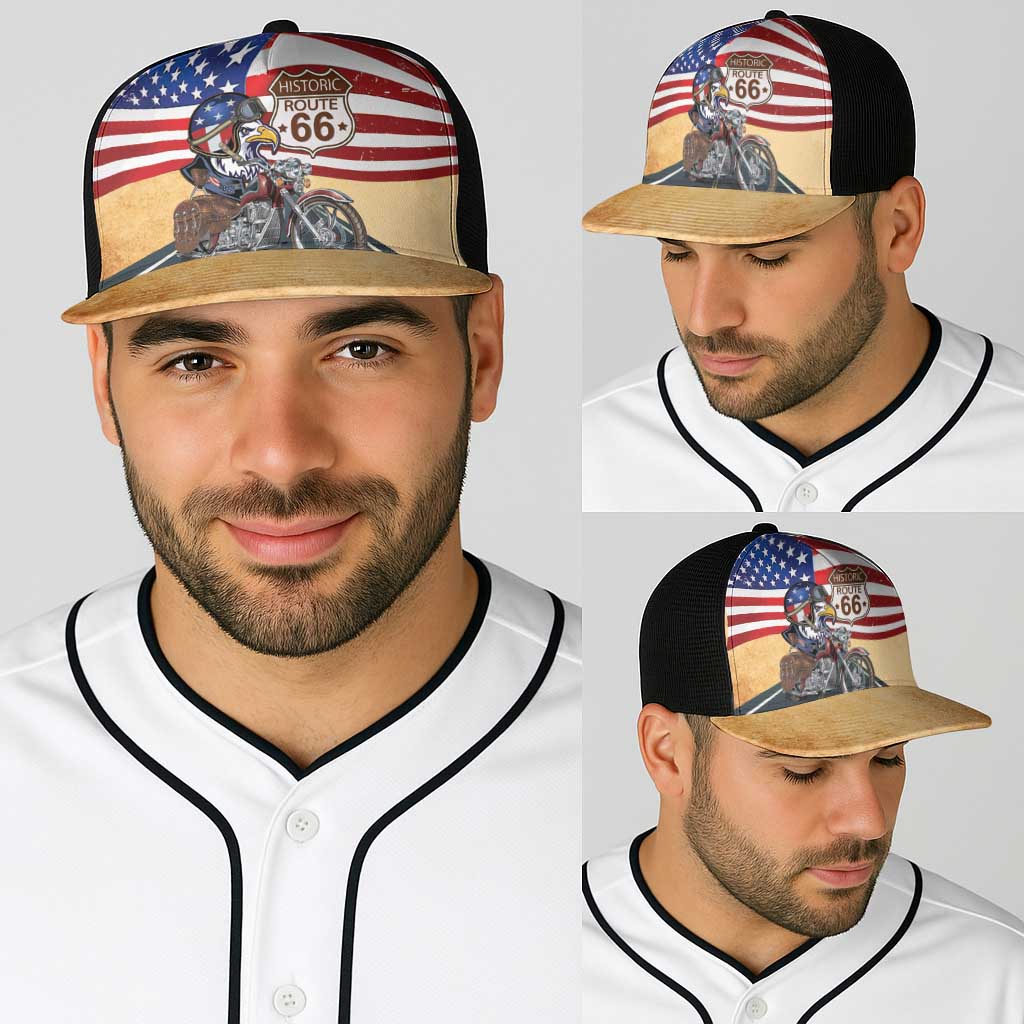 Route 66 United States Baseball Net Cap Historic Highway USA Eagle With Motorcycle - Wonder Print Shop
