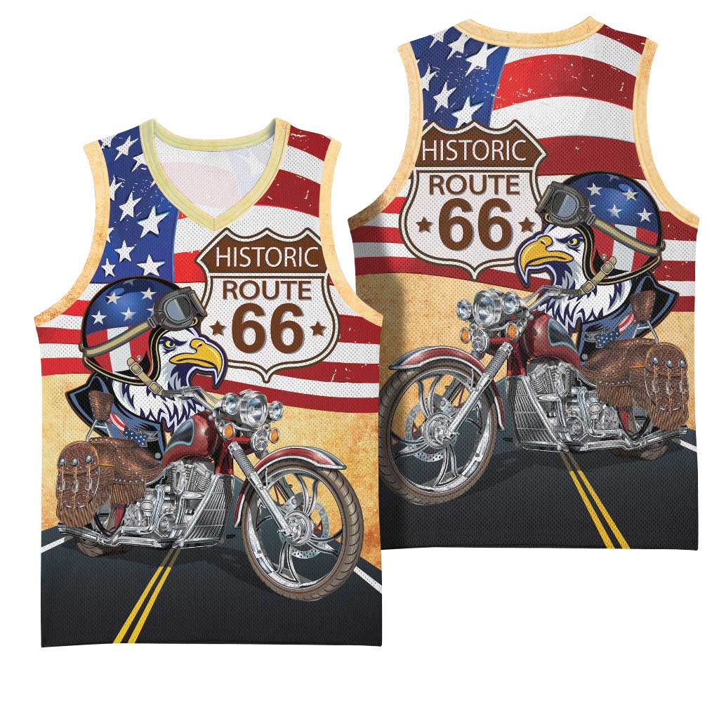 Route 66 United States Basketball Jersey Historic Highway USA Eagle With Motorcycle - Wonder Print Shop