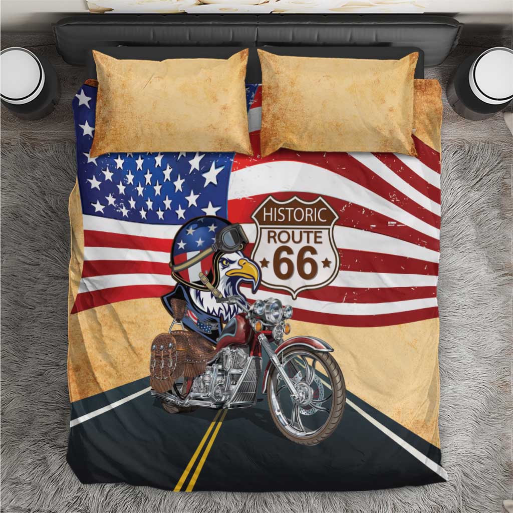 Route 66 United States Bedding Set Historic Highway USA Eagle With Motorcycle - Wonder Print Shop